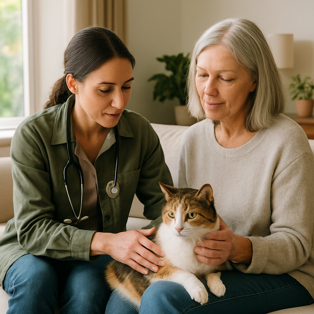 Veterinarian providing house call service to a pet